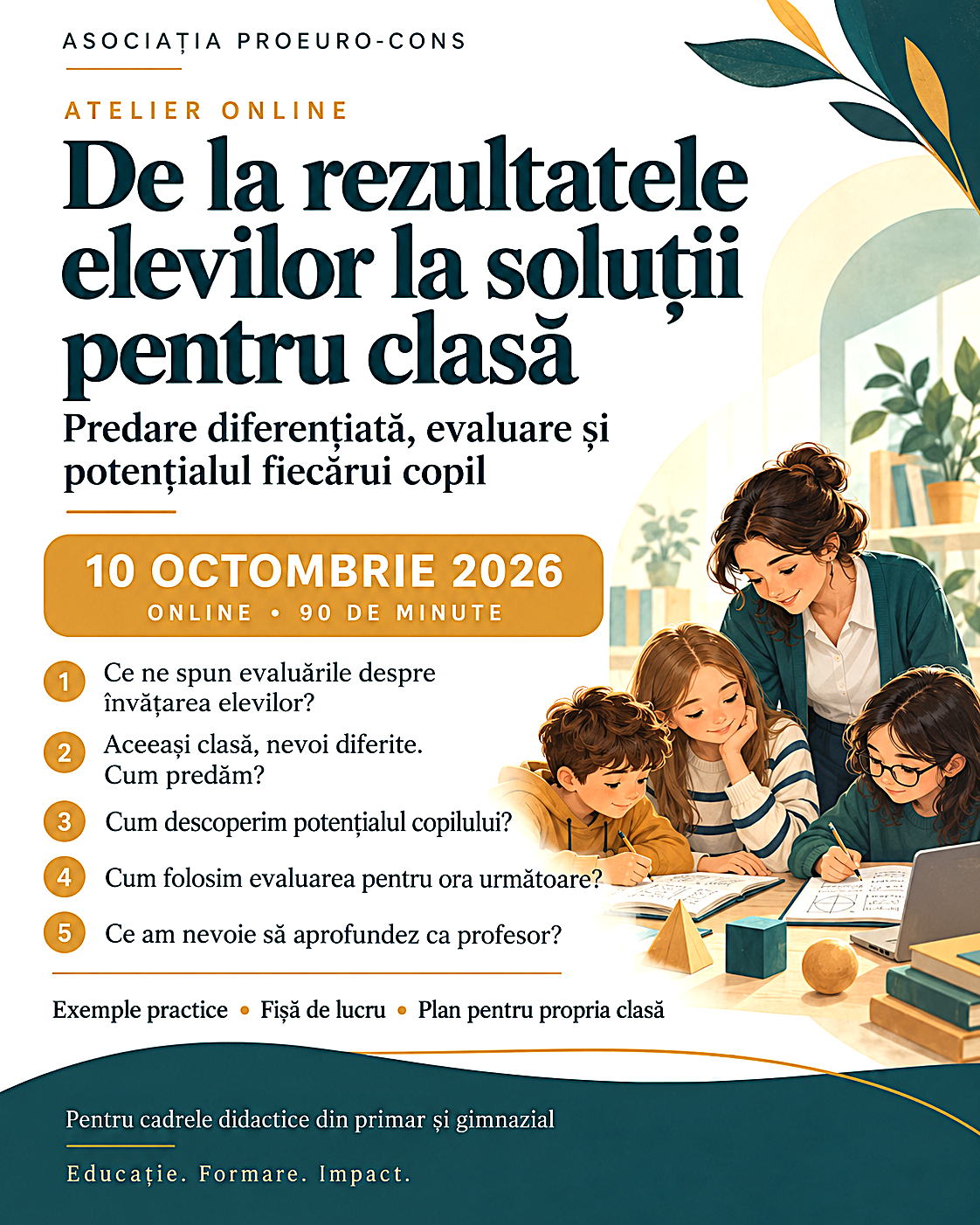 Afiș atelier online „De la rezultatele elevilor la soluții pentru clasă”, Asociația PROEURO-CONS, 10 octombrie 2026.