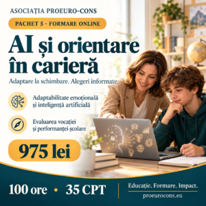 Afiș Pachet 5 – AI și orientare în carieră: două cursuri online, 100 ore, 35 CPT, 975 lei. Asociația PROEURO-CONS.